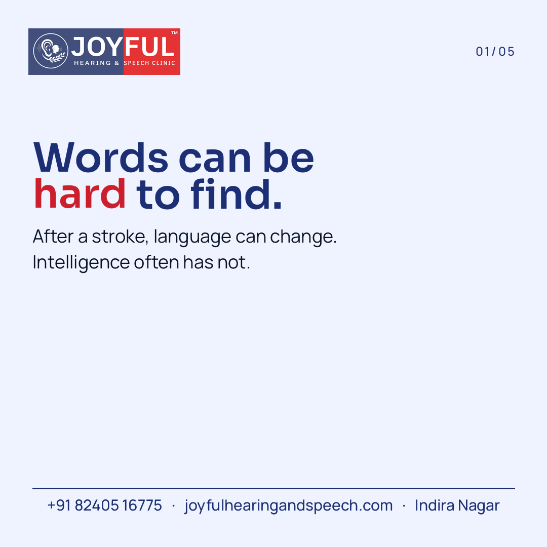 A clinic carousel frame saying words can be hard to find, and that after a stroke language can change while intelligence often has not.