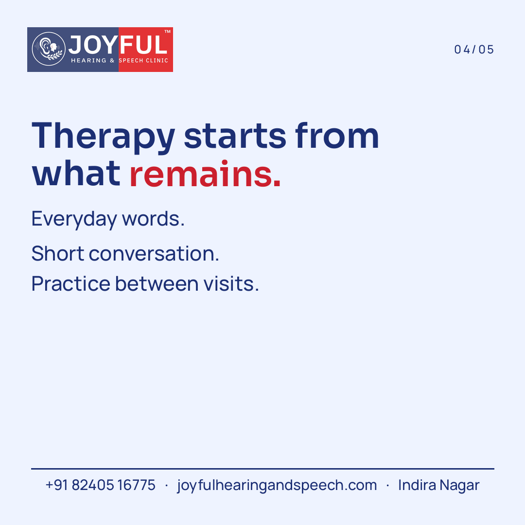 A clinic carousel frame saying therapy starts from what remains: everyday words, short conversation, and practice between visits.