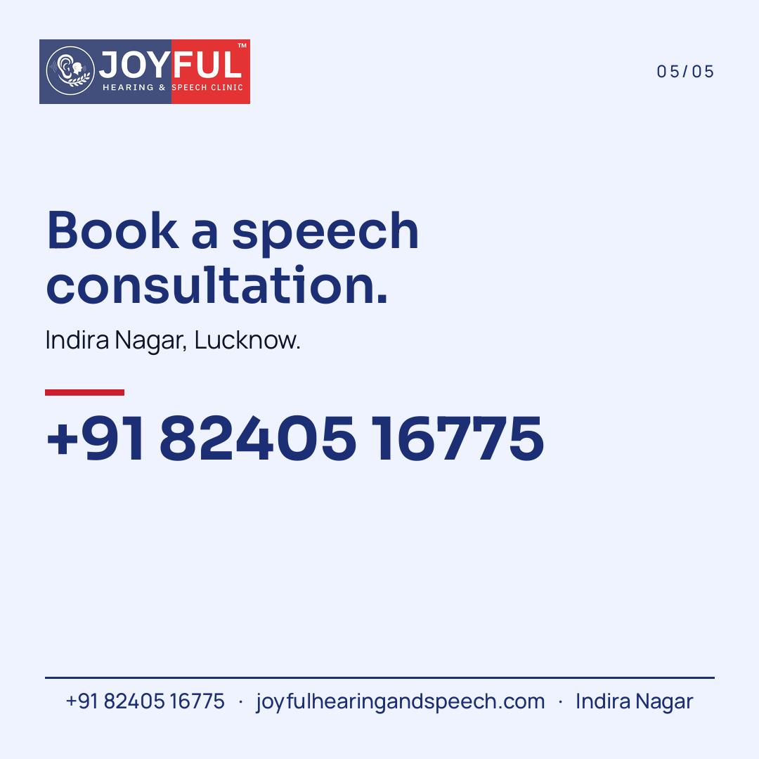 A booking frame for a speech consultation in Indira Nagar, Lucknow, with the phone number +91 82405 16775.