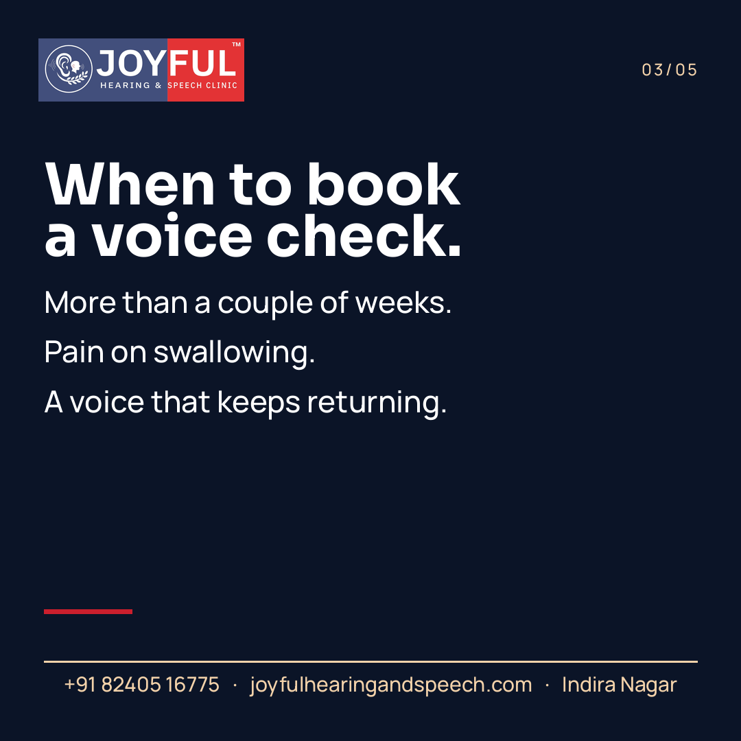 A clinic carousel frame on when to book a voice check: more than a couple of weeks, pain on swallowing, or a voice that keeps returning.